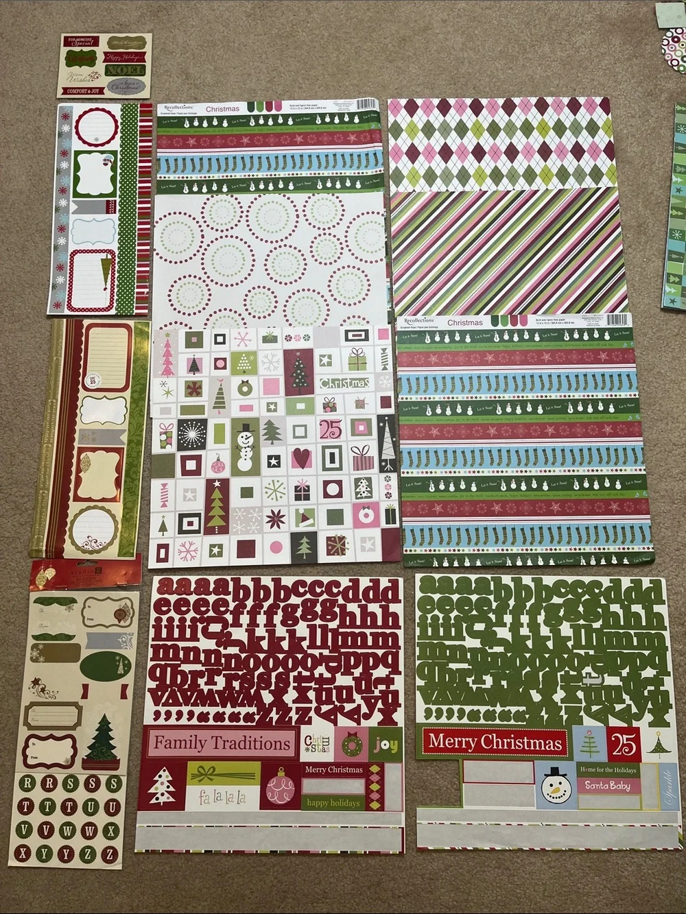 Christmas Holiday Scrapbook Bundle|Burgundy Green Pink 6 Sheets 6 Sticker Sheets